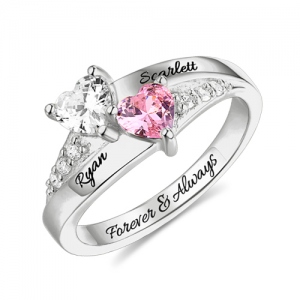 Engraved Double Heart Birthstone Ring Sterling Silver